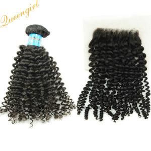 100% Human Hair Kinky Jerry Curly 3 Bundles with Closure Natural Indian Virgin Remy Hair