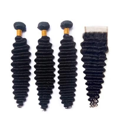 Brazilian Deep Wave 3 Bundles with 4X4 Closure Human Hair Weave and Closure Free Middle Three Part Remy Hair